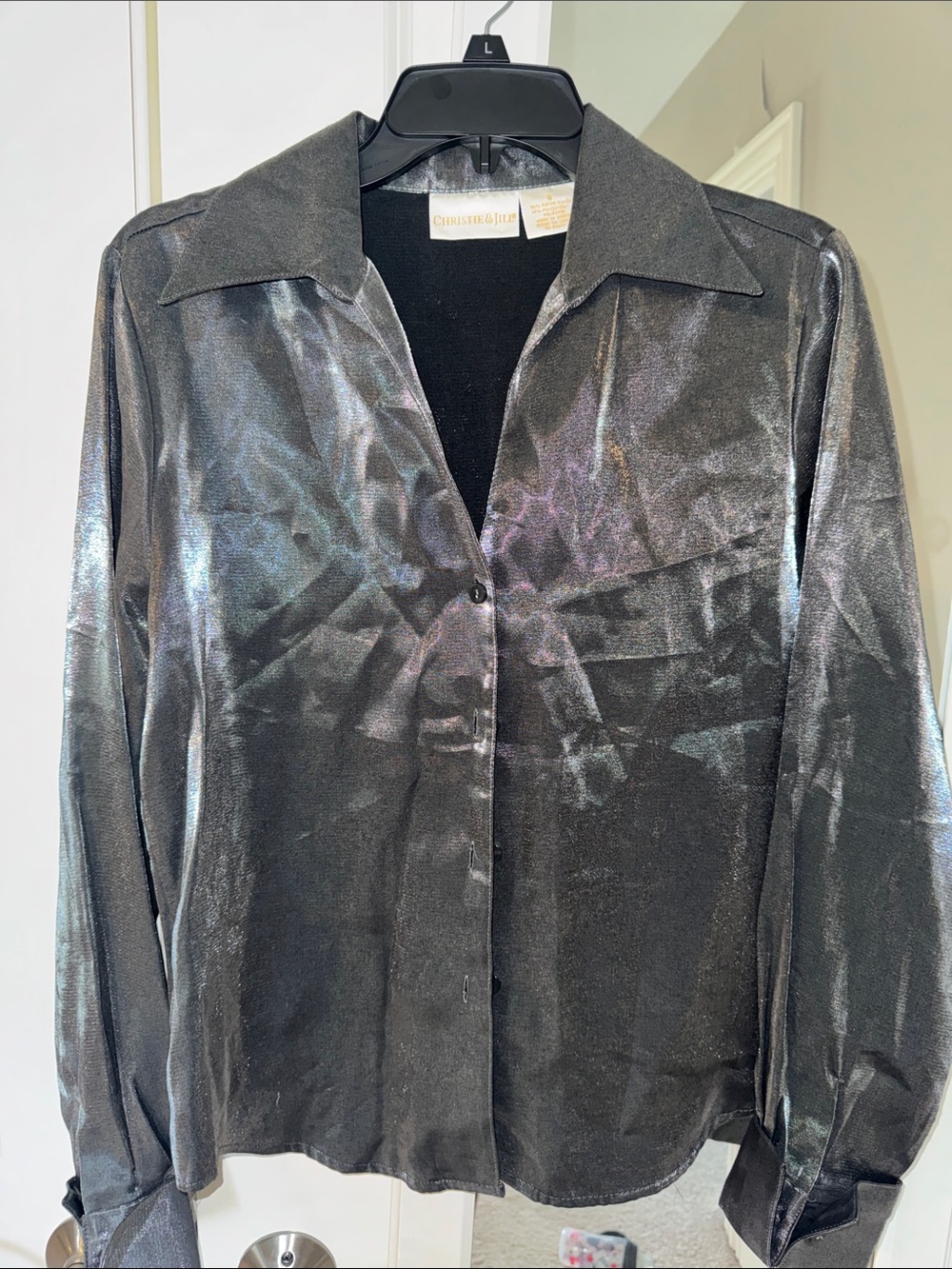 Christie & Jill Black Shimmery Button-Up Blouse